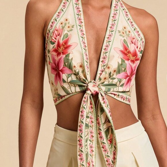 Multicolor Boho Women's Halter Neck Floral Print Blouse - Picture 1 of 7